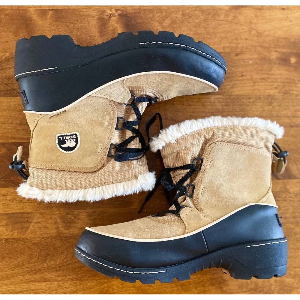 SOREL Tivoli Waterproof Winter Boots Youth 7Y / Women's 8-8.5 Tan Black